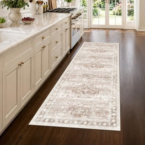 Beige Washable 8ft Long Runners for Hallways, 3x8 Kitchen Runner Rug, Entryway Indoor Runner, Non Slip Boho Vintage Floor Décor for High Traffic Area (3x8 Beige/Latte) by HazoHaus