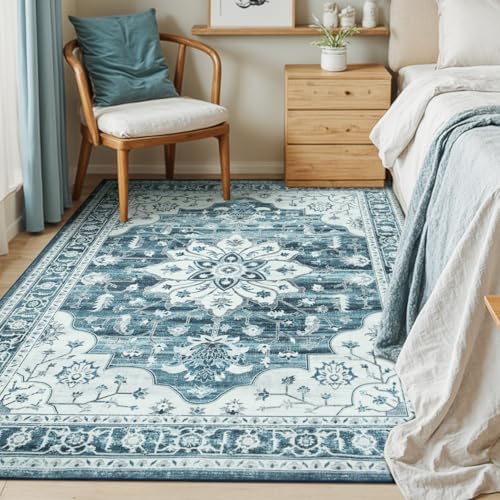 5x7 Washable Area Rugs for Living Room, Blue White Vintage Boho Rug - Image 5