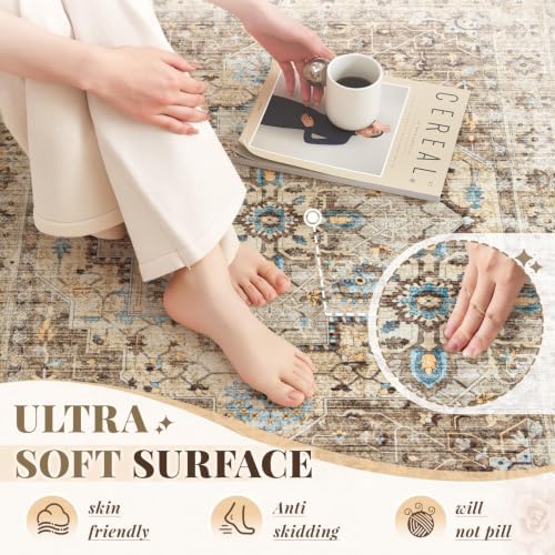 Area Rug 6x9 Vintage Rug: Washable Indoor Medallion Rugs Low Pile Distressed Floor Carpet Retro Accent Rug for Living Room Bedroom Kitchen Dining Table Home Office(Brown/Blue, 6'x9') - Image 5