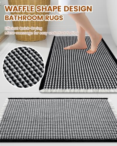 Smiry Waffle Bathroom Rugs Sets 2 Piece (47x20+30x20, Black & Cream) - Image 2