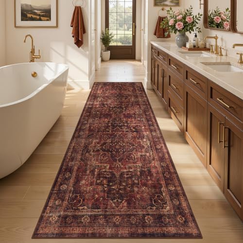 Washable Hallway Runner Rug 3'x7', Vintage Medallion, Dark Red - Image 3