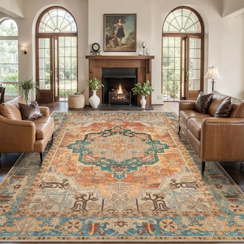 Tangsoo 6x9 Washable Area Rugs for Living Room, Vintage Non Slip Orange Rug by Tangsoo