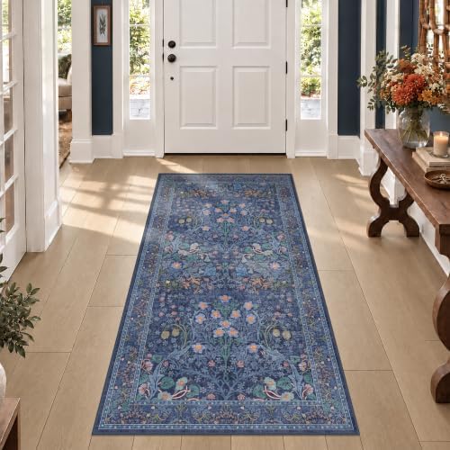 Vintage Dark Blue 3x6 Runner Rugs for Large Entryway, Bedroom Beside Rug, Kitchen, Laundry Room, Non-Slip Low Pile Ultra Soft Stain Resistant Small Floral Carpet by HazoHaus