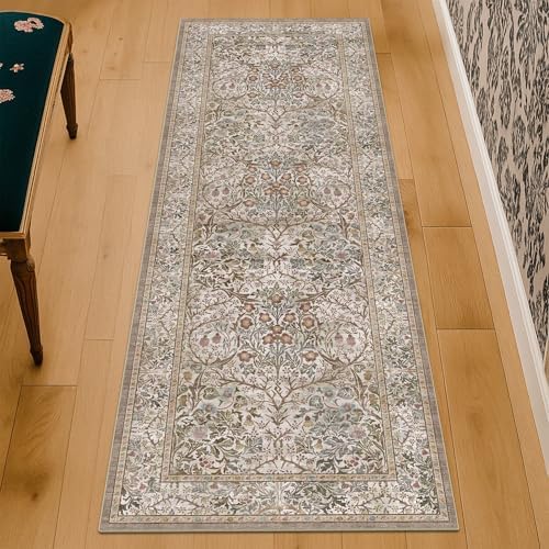 Hazo Haus Non Slip 2x7 Moss Green Hallway Runner - Long Runner Rugs for Bathroom, Washable Kitchen Floor Mat, Bedroom Bedside - Brown Earthy Vintage Floral Décor - Image 6