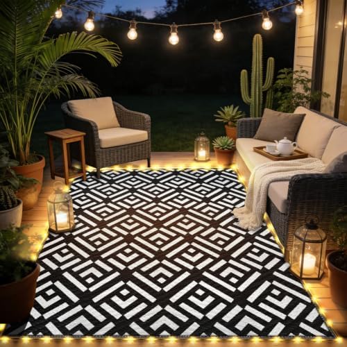 Outdoor Rug 6x9Ft, Solar Powered Outdoor Camping Rug with 94LEDs Strip Lights, Waterproof Plastic Reversible Outdoor Straw Rug, Rug Mat for RV Camping Patio Beach Balcony House Deck Picnic by Capybland