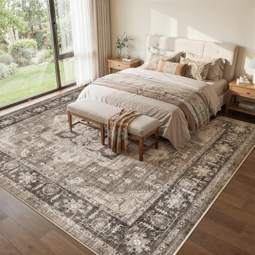 10x10 Square Area Rug: Washable Dark Brown Area Rug for Living Room by ZUNTKON