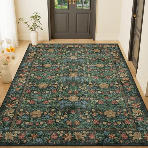 DUKINO 4x6 Rug for Living Room, Washable Vintage Floral Area Rug, Green by DUKINO