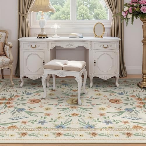 Beige Floral Washable Rug 7x9 – Large Vintage Boho Non-Slip Carpet, Soft Low Pile Thin Stain Resistant Area Rug for Living Room, Bedroom, Dining Room, Nursery, Farmhouse, Home Office - Image 3