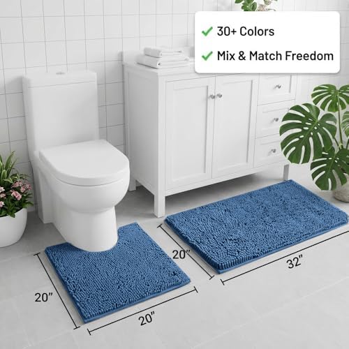 Bathroom Rugs Sets 2 Piece,Super Absorbent Chenille Bath Mats and U-Shaped Toilet Rug,Strong PVC Non Slip Backing,Microfiber Washable Dry Quickly Bath Mats for Bathroom(20"x32"+20"x20"U, Medium Blue) - Image 2