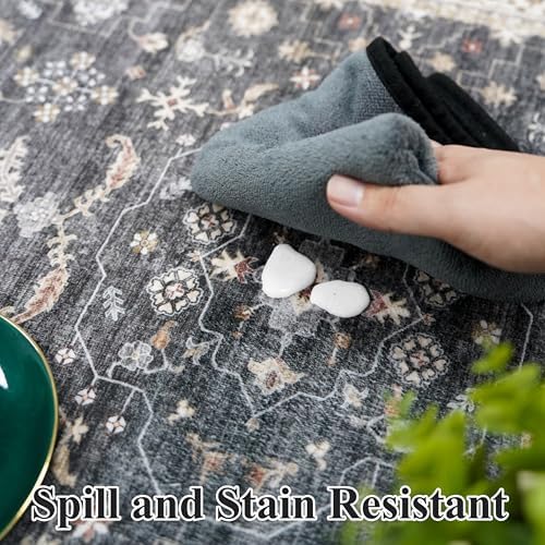 Hallway Washable 2'6x12 Runner Rug - Vintage Kitchen Rugs Non-Slip Soft Thin Farmhouse Carpet for Entryway Low Pile Indoor Floor Decor Mat for Bathroom Living Room Bedroom (Black/Multi,2'6"x12') - Image 5