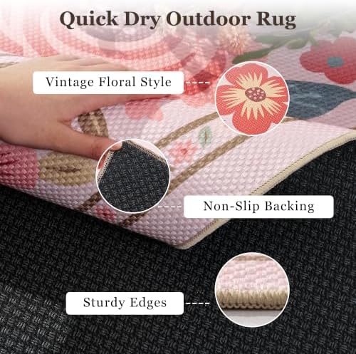 PADOOR Outdoor Rug 8x10 ft, Floral Washable Indoor Outdoor Area Rug, Flat‑Woven with Quick Dry Patio Carpet, Fade & Shed Resistant, Non‑Slip & Soft for Patio, Deck, Backyard, Porch, Living Room, Pink - Image 3