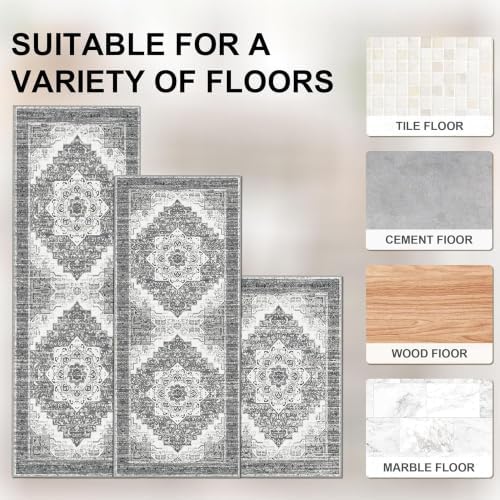 Kitchen Rugs Sets of 3 100% Non Slip Washable Kitchen Mats for Floor, Grey2 - Image 4