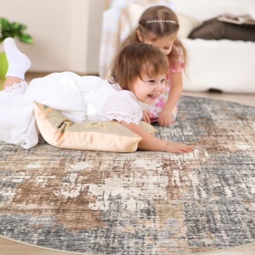DMOYEST 8ft Round Area Rug Living Room Rugs - 8x8 Washable Large Soft Indoor Neutral Modern Abstract Low Pile Rug Carpet for Bedroom Dining Room Farmhouse Home Office - Grey Brown - Image 5