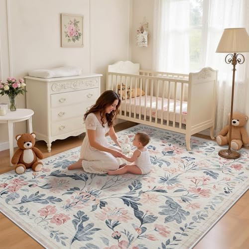 5x7 Area Rugs Boho Floral Washable Living Room Rug Neutral Carpet Nursery - Image 3