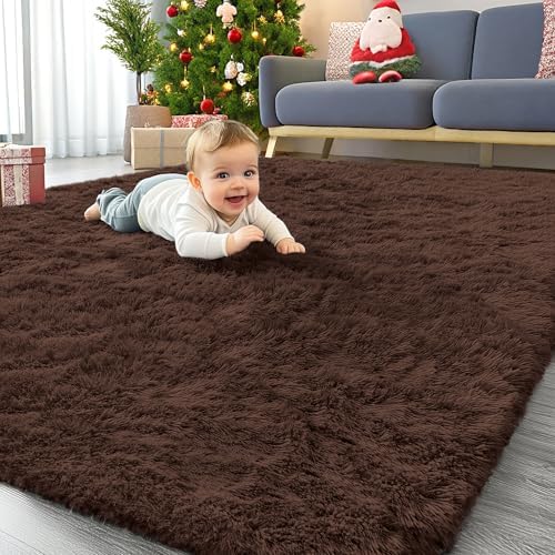 OLANLY Area Rugs for Living Room Bedroom, Machine Washable 4x5.9 ft Soft Fluffy Shaggy Bedside Rug, Indoor Floor Carpet for Kids Girls and Boys, Dorms, Nursery Rooms, Home Decor Aesthetic, Coffee by OLANLY