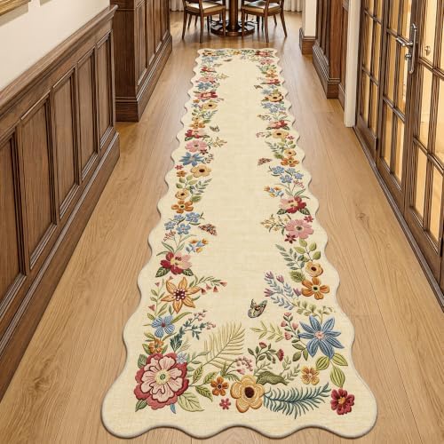 FMFUNCTEX 3x12 Hallway Runner Rug Washable Beige Floral Vintage Scalloped by Fmfunctex