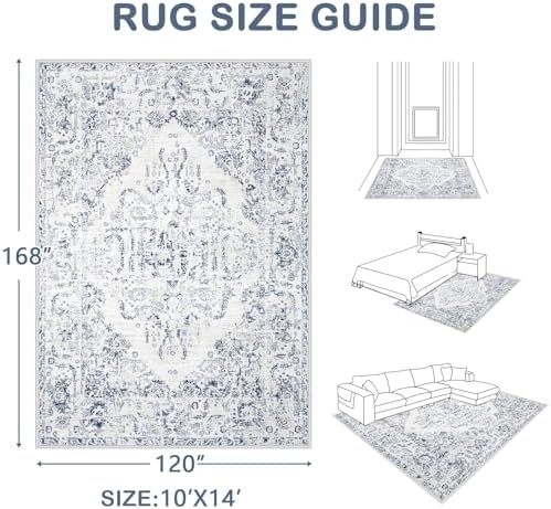 10x14 Area Rugs for Living Room: Washable Rug Vintage Large Rugs Soft Non Slip Low Pile Rug Floral Distressed Floor Carpet for Bedroom Nursery Dining Room Home Office (Blue,10'x14') - Image 2