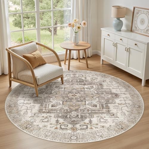 6ft Round Rug: Washable Light Brown Area Rugs for Living Room by ZUNTKON