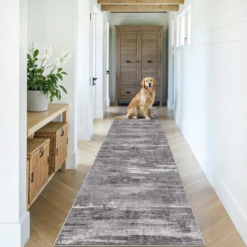 2'6x12 Washable Runner Rug for Kitchen - Modern Abstract Hallway Entryway Carpet with Non Slip Backing Durable Low Pile Bedroom Rugs Indoor Ultra Soft Home Decor Floor Mat for Bathroom 2'6x12 Black by YOUFORTONG