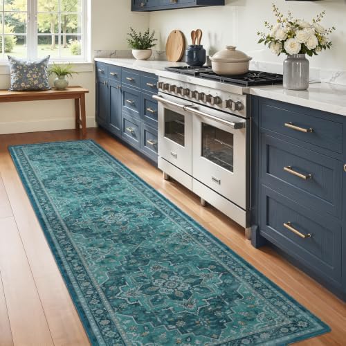 Washable Hallway Runner Rug 3'x10', Vintage Medallion, Boho Teal - Image 3