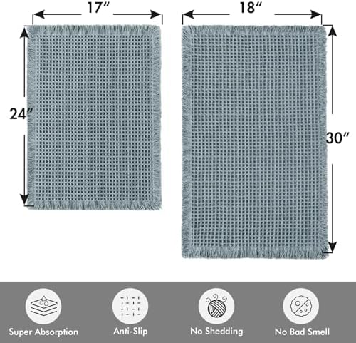 MIULEE Set of 2 Waffle Bathroom Rugs Dusty Blue Bath Mat 17"x24"+18"x30" - Image 2