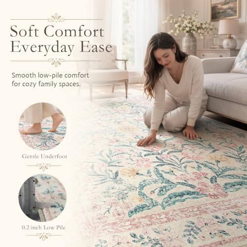 Wonnitar Washable Area Rug 6x9, Pink Floral Rugs for Bedroom Girls Soft Living Room Carpet Ultra-Thin, Boho Non Slip Non-Shedding Pastel Nursery Carpet for Kids Room Playroom Dorm - Image 3
