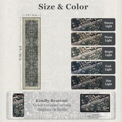 Medallion Hallway 2x8 Runner Rug, Washable Non Slip Entryway Runner Indoor, Low Pile Thin Vintage Distressed Carpet Runners 8ft for Kitchen/Bedroom Bedside/Laundry Room/Bathroom, Midnight/Multi - Image 2