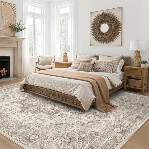 Washable 6x9 Area Rugs for Living Room: Soft Light Brown Vintage Rug - Image 2