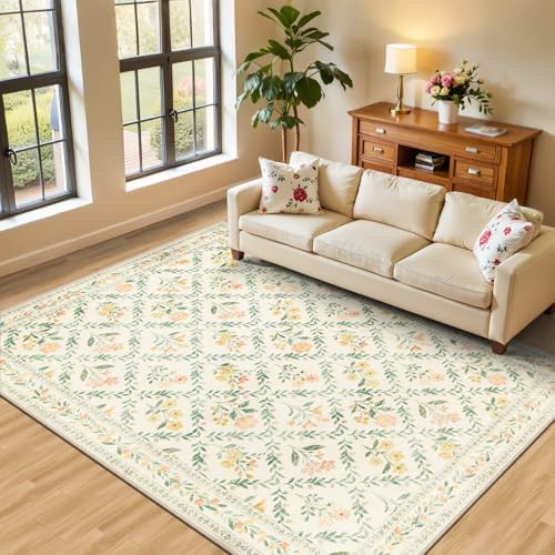 PLHXFR Area Rug Living Room: 5x7 Floral Washable Boho Carpet Beige Multi by PLHXFRSoftAreaRugs