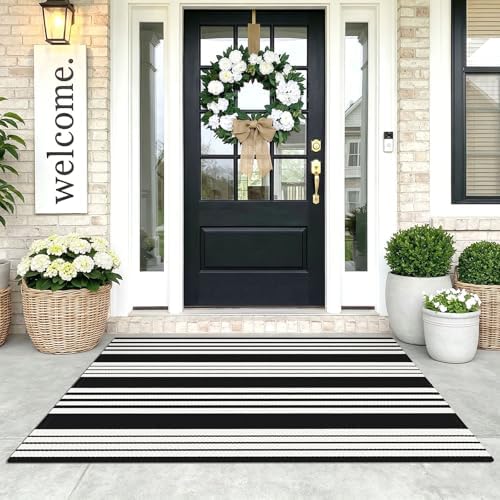 KOZYFLY 3'x5' Striped Area Rug, Black and White Woven Cotton Outdoor Rug by KOZYFLY