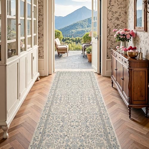 jinchan 3x10 Washable Hallway Runner Rug, Floral Non-Slip, Blue/Cream - Image 3