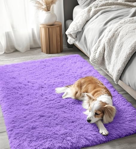 OLANLY 3x5 Machine Washable Small Bedside Rug, Soft Fluffy Shaggy Rugs for Living Room, Bedroom, Indoor Floor Carpet for Kids Girls and Boys, Preppy Dorms, Nursery, Home Decor Aesthetic, Purple - Image 3