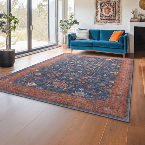 Hazo Haus Dining Room Rugs for Under Table - 7x9 Washable Area Rug for Living Room, Low Pile Non-Slip Rugs for Bedroom - Navy Blue Vintage Boho Unique Home Decor - Image 6