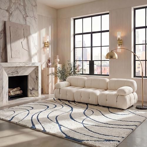 SAFAVIEH Florida Shag Collection Area Rug - 6' x 8', Cream & Blue, Non-Shedding & Easy Cleaning, Plush Thick Pile, Ideal for Living Room, Bedroom, Dining Space (SG471-1165) by Unknown