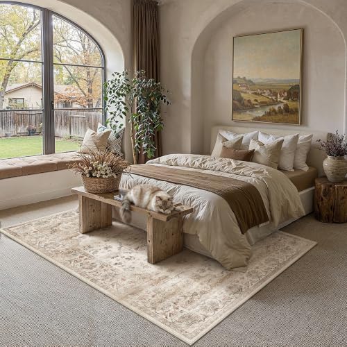 PureCozy Beige Area Rug 10x14 Living Room Vintage Floral Non-Slip Carpet - Image 3