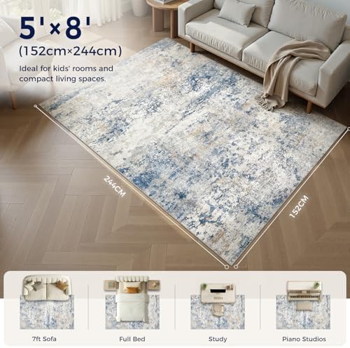 DMOYEST Area Rug Living Room Rugs - 5x8 Abstract Large Soft Indoor Washable Rug Neutral Modern Low Pile Carpet for Bedroom Dining Room Farmhouse Home Office - Blue - Image 2