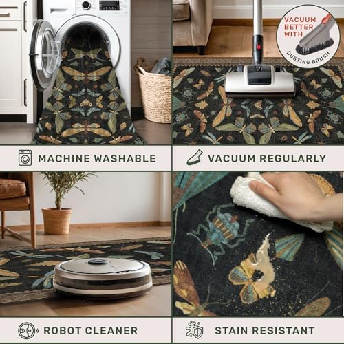 Black Boho 5ft Round Throw Rugs for Living Room - Dark Unique Insect Print Large Entryway Rug, Low Pile & Soft Carpet for Bedroom Beside Bed, Kids Playroom, Non Slip Stain Resistant Home Décor - Image 4