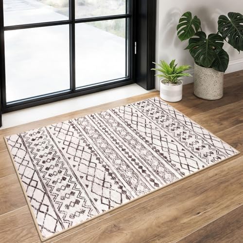 KUTA Moroccan Boho Kitchen Rugs, 2x3 Brown Cream Entryway Rug by KUTA