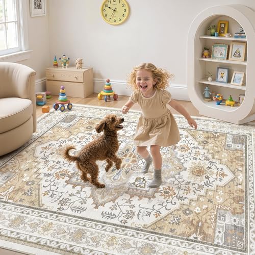 UERMEI 5x7 Area Rug for Living Room - Washable Vintage Carpet, Non-Slip Soft Large Indoor Floor Rugs for Bedroom Home Office & Under Dining Table Decor, Brown Beige - Image 3