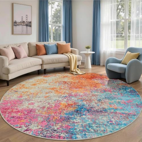 Rugflix Washable 8ft Round Area Rug, Rainbow Abstract Rug for Living Room by RugflixAreaRugs