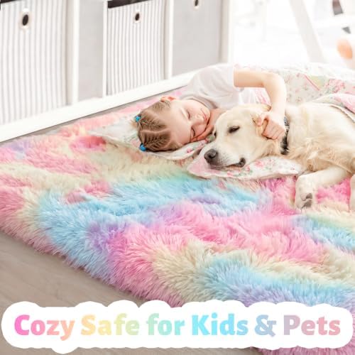 Amdrebio Rainbow Unicorn Large Fuzzy Rug 8x10 for Living Room Girls Bedroom - Image 2