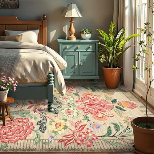 GarveeHome Floral Botanical Washable Rugs 5x7 Area Rug for Living Room, Camel Taupe Brown Vintage Boho Cottage Throw Rugs Low Pile Carpet for Bedroom Dining Nursery Rug - Image 3