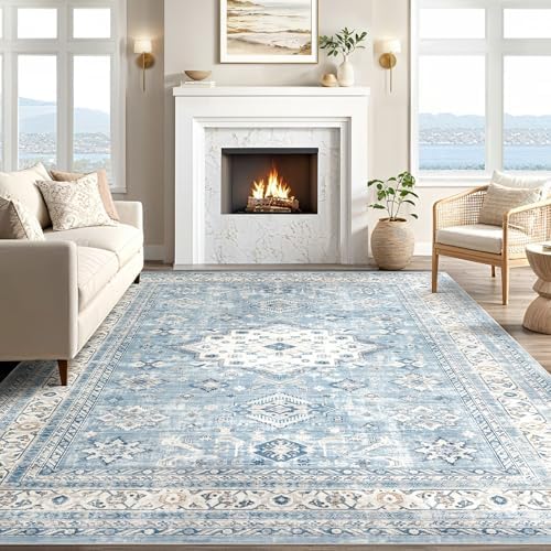 cotiled 5x7 Area Rug for Living Room, Washable, Traditional, Blue - Image 6