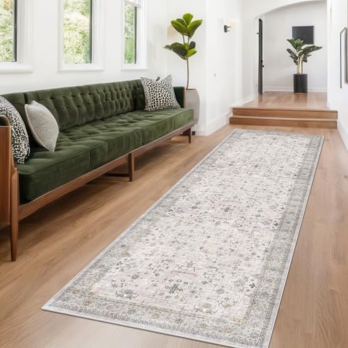 Boho Washable 10ft Long Runners for Hallways, Light Gray & Sage 2'6"x10' Wide Kitchen Runner Rug, Vintage Entryway Indoor Rug, Non-Slip Stain Resistant Low Pile Throw Rug - Image 3