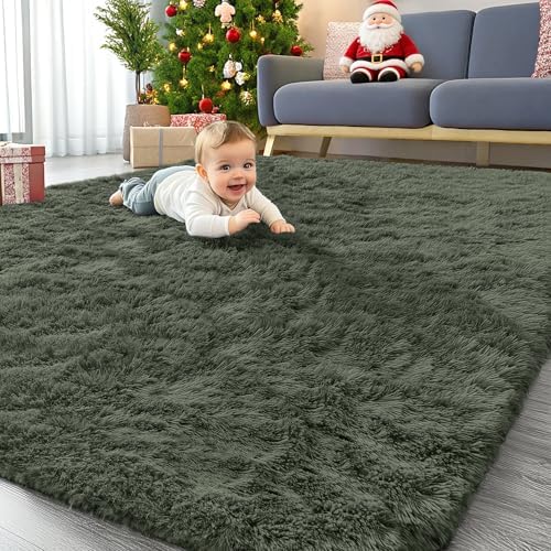 OLANLY 5x8 Machine Washable Large Area Rugs for Living Room, Bedroom, Soft Fluffy Shaggy Bedside Rug, Indoor Floor Carpet for Kids Girls and Boys, Dorms, Nursery, Home Decor Aesthetic, Olive Green by OLANLY