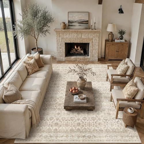 JOOJA 9x12 Beige Vintage Floral Low Pile Non Slip Washable Neutral Area Rug - Image 2