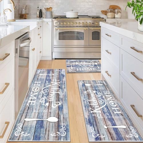 Vaukki Boho Kitchen Rug Sets 3 Piece,Blue Brown Washable Kitchen Floor Mat by Vaukki