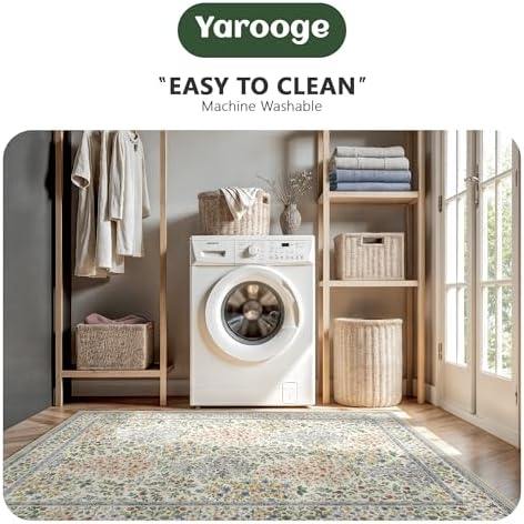 10x14 Large Area Rugs, Machine Washable Low Pile Floral Rugs for Living Room, Bedroom, Boho Style with Non-Slip Backing Nursery Rug(Beige Floral) - Image 6
