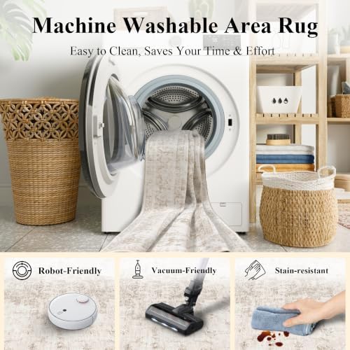 Washable 9x12 Dorm Area Rug Soft Medallion Neutral Beige Large Carpet - Image 5
