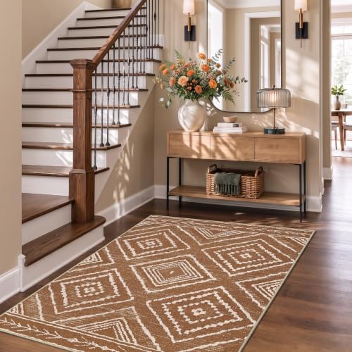 Area Rug 3x5 Rug Low Pile Print Pattern Machine Washable Non-Slip Western Rug for Living Room Bedroom Entryway Tribal Series -Yellowbrown/Cream - Image 3